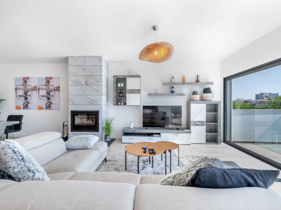 Salon avec cheminée, télévision et baie vitrée sur la terrasse